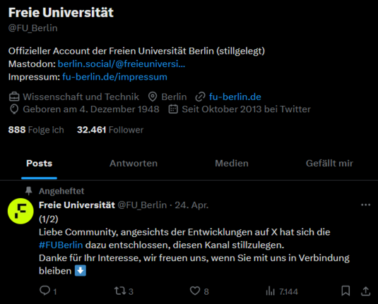 The picture shows the last post of FU_Berlin on its X/Twitter account informing followers about its closing. FU_Berlin thanks its followers and redirects them to its Mastodon account. 