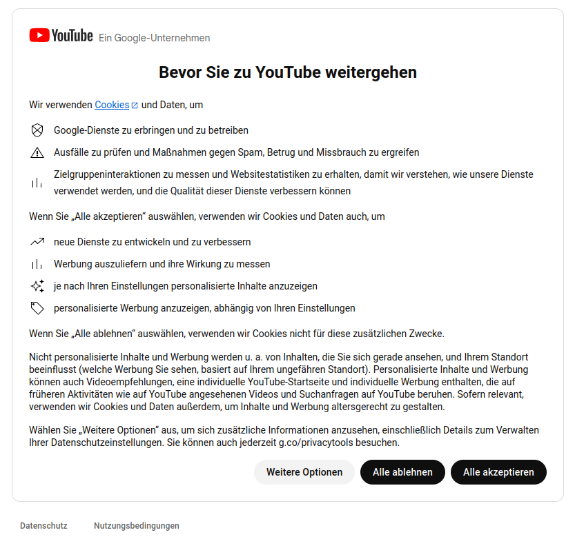 Gezeigt ist ein Bildschirmausschnitt, der erscheint, wenn das YouTube-Logo auf den Internet-Seiten verschiedener Hochschulen angeklickt wird; Überschrift: "Bevor Sie zu YouTube weitergehen". Als Nutzer:in ist zuerst den Bedingungen der Firma zuzustimmen, die die Inhalte der Hochschulen ausspielen. Diese Bedingungen sind mit den Vorgaben von OpenAccess nicht vereinbar.