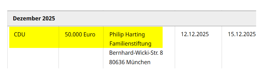 Screenshot der Großspende von bundestag.de als Quellenbeleg mit den Angaben aus obigem Post