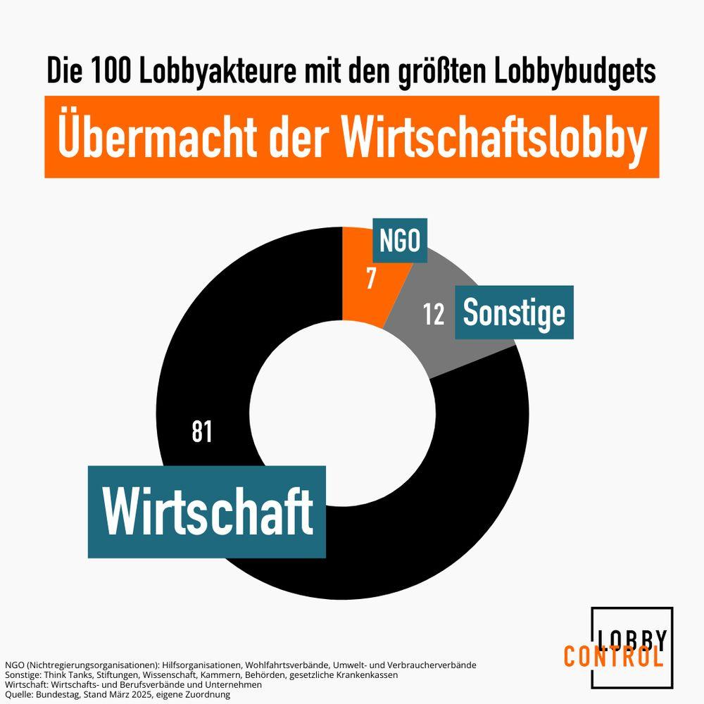LobbyControl-Grafik: die 100 Lobbyakteure mit den größten Lobbybudgets. Übermacht der Wirtschaftslobby. 81 Wirtschaft, 7 NGO, 12 Sonstige.