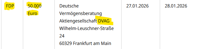 Screenshot von der Website des Bundestags, welche die oben genannte Spende zeigt