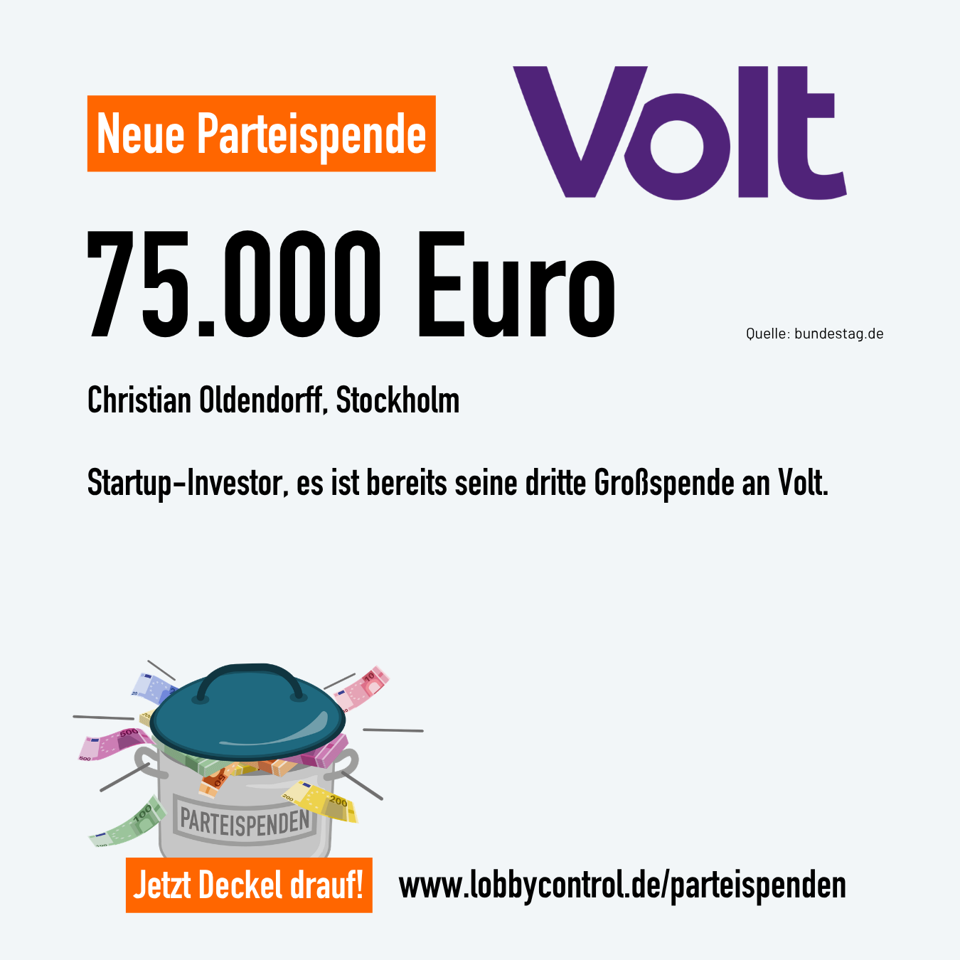 Screenshot aus den Parteispendenveröffentlichungen des Bundestags, 75.000 Euro an VOLT von Christian Oldendorff, Stockholm.