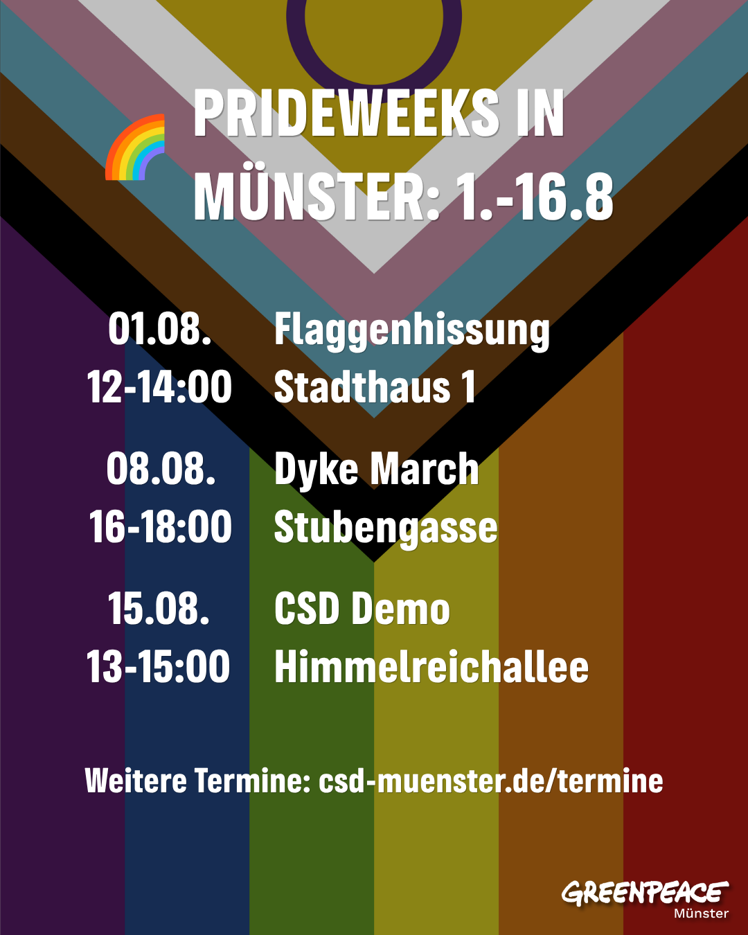 Sharepic mit LGBTQIA+ Flagge und folgendem Text:

"PRIDEWEEKS IN MÜNSTER - 1.-16.8.

01.08. 12-14:00 Flaggenhissung Stadthaus 1
08.08. 16-18:00 Dyke March Stubengasse
15.08. 13-15:00 CSD Demo Himmelreichallee

Weitere Termine auf csd-muenster.de/termine"

Unten rechts das Greenpeace Münster Logo